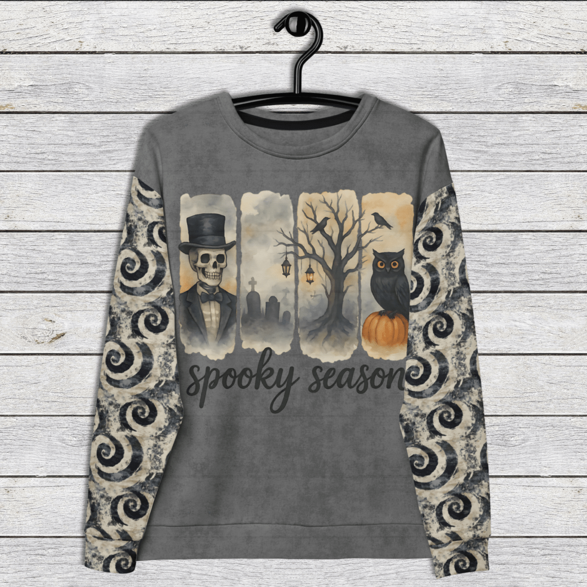 Halloween Crewneck Sweatshirt Spooky Season 2XS–6XL | Gray Swirl Sleeves | Vintage Skeleton & Owl Graphic