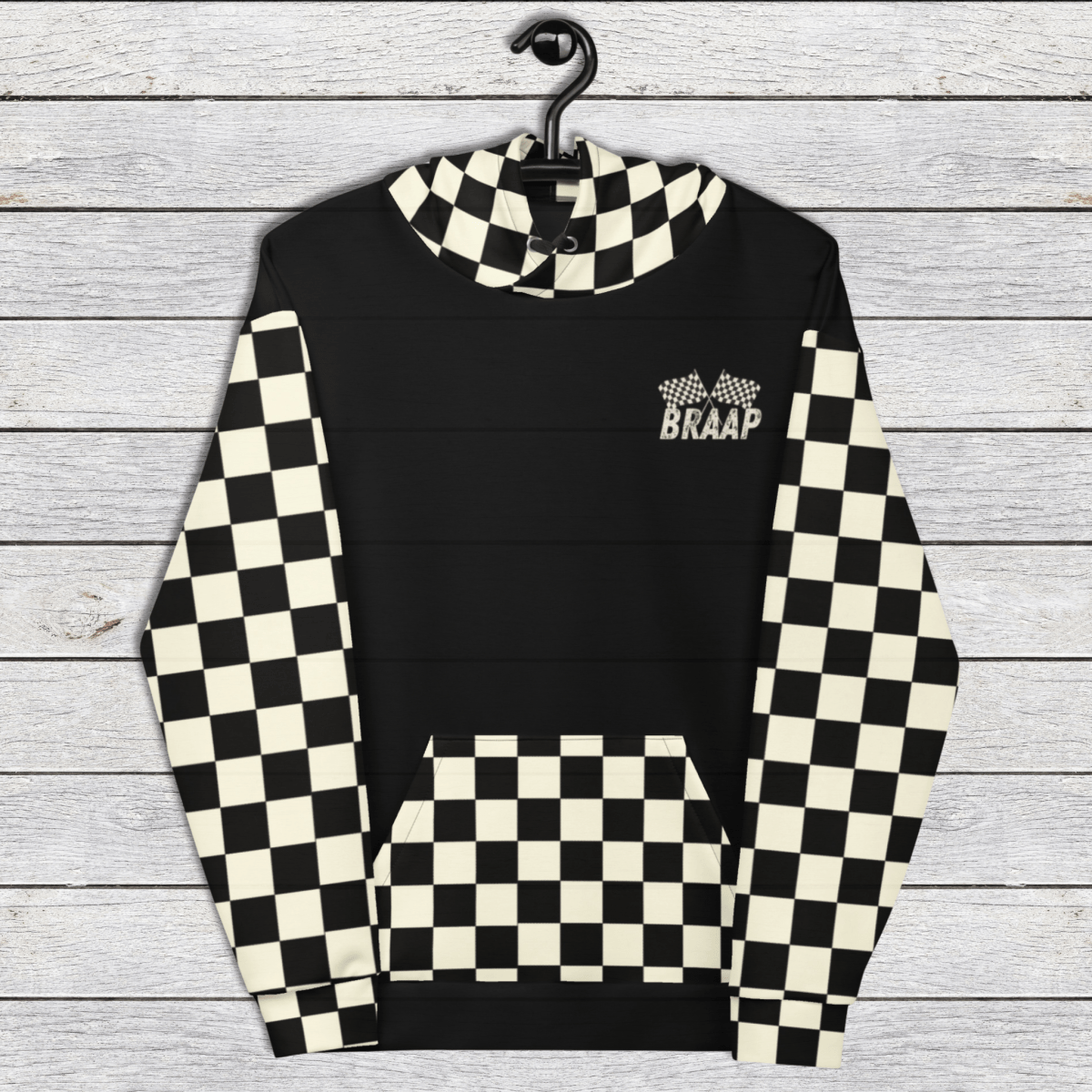 Hoodie Black Checkered Braap 2XS–6XL | Motocross Racing Hoodie | Bold Dirt Bike Style Sweatshirt