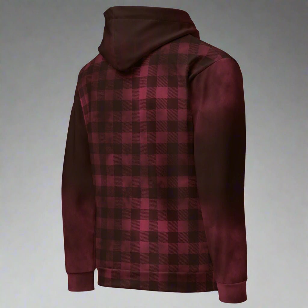 burgundy and black plaid hoodie on a gray background