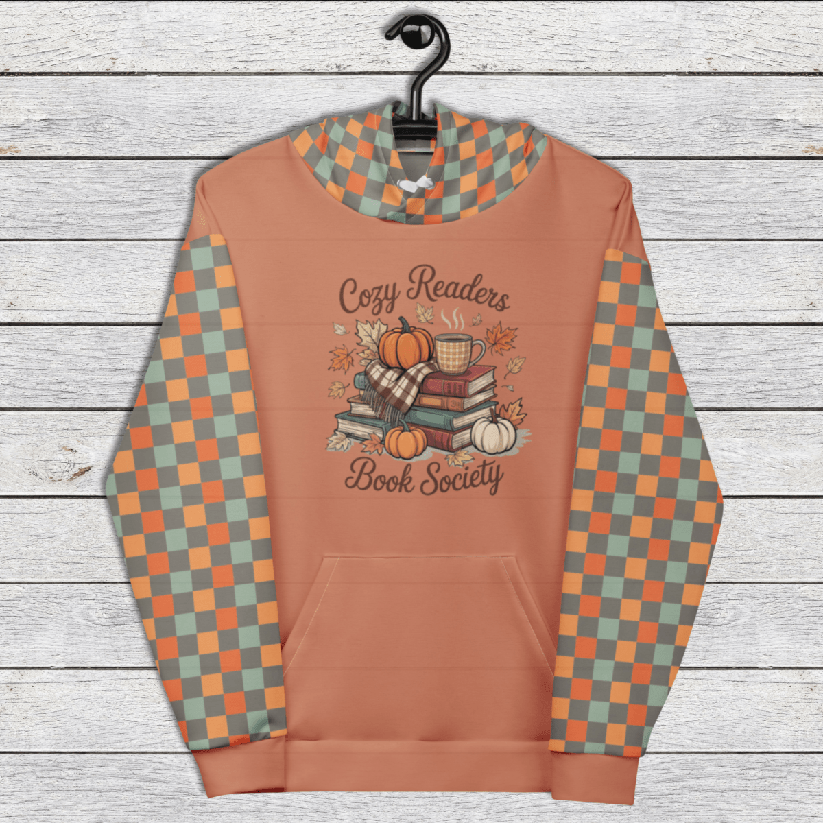 Hoodie Cozy Fall Readers Book Society 2XS–6XL | Pumpkin Patch Aesthetic | Autumn Checkered Sleeves