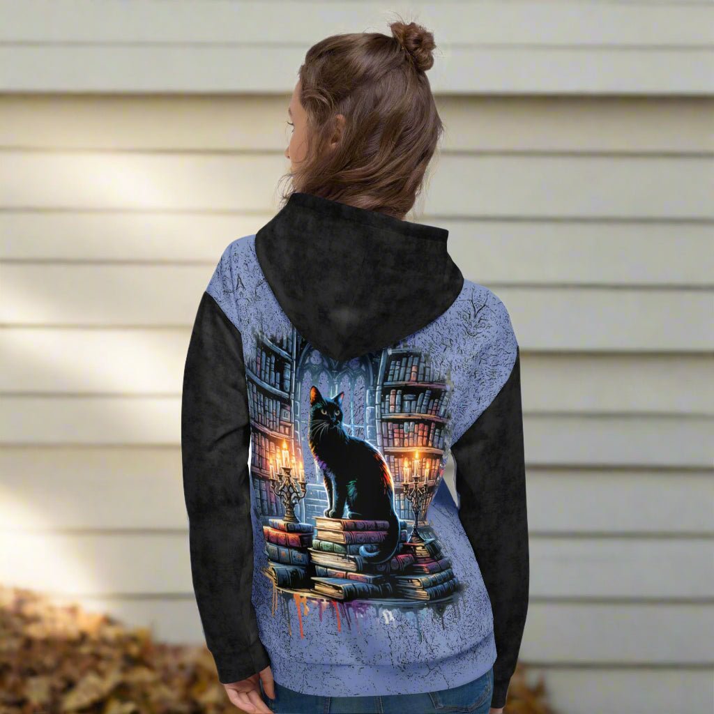 Hoodie Gothic Black Cat Library Candlelight 2XS–6XL | Witchy Fall Sweatshirt | Spooky Academia Aesthetic