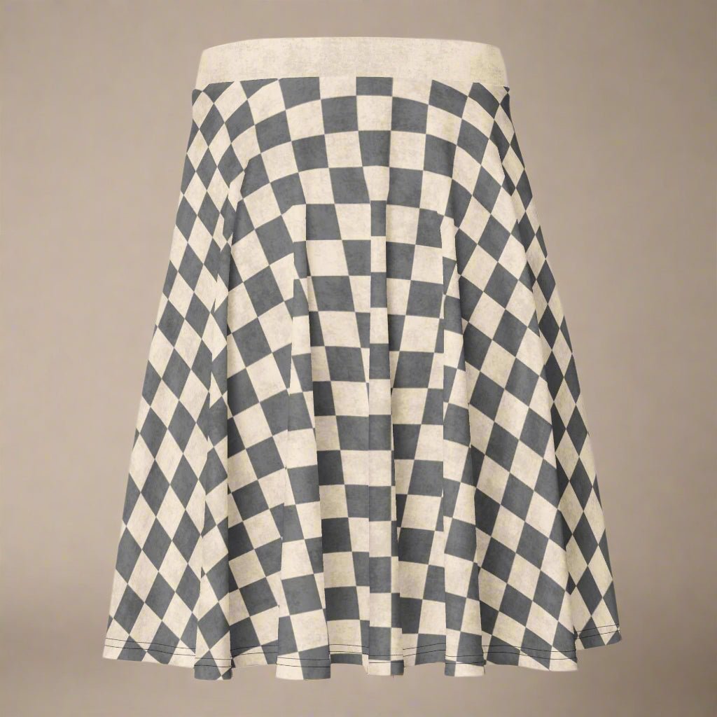 Checkered skirt with a pattern of gray and ivory squares on a beige background