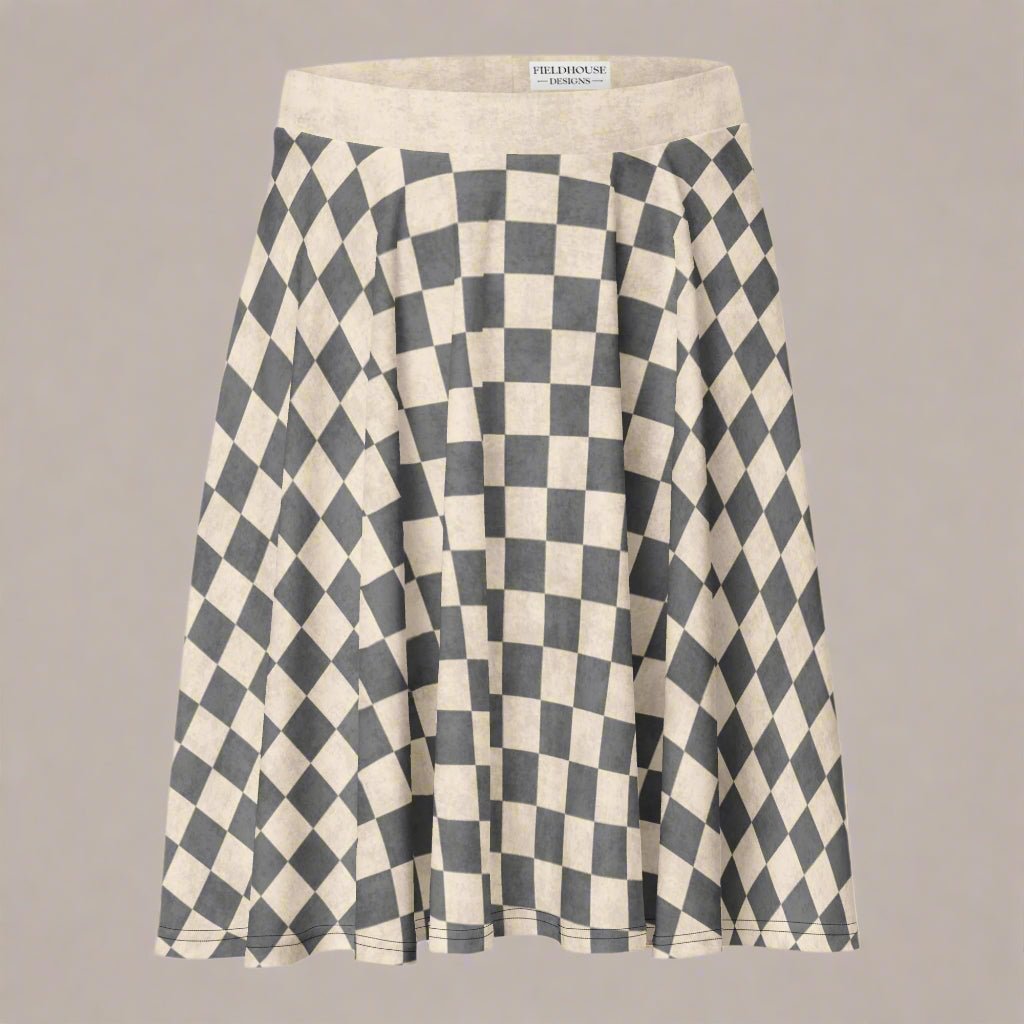 Checkered skirt with a visible brand label on a beige background