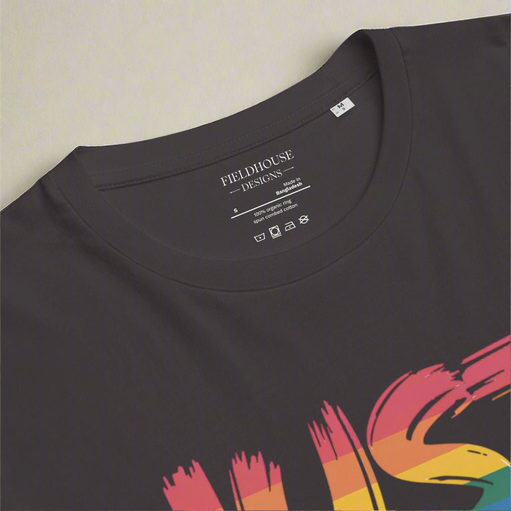 Black t-shirt with colorful graphic design on a white background