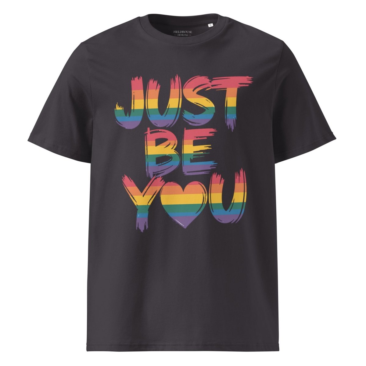 anthracite t-shirt with 'Just Be You' in rainbow colors on a white background