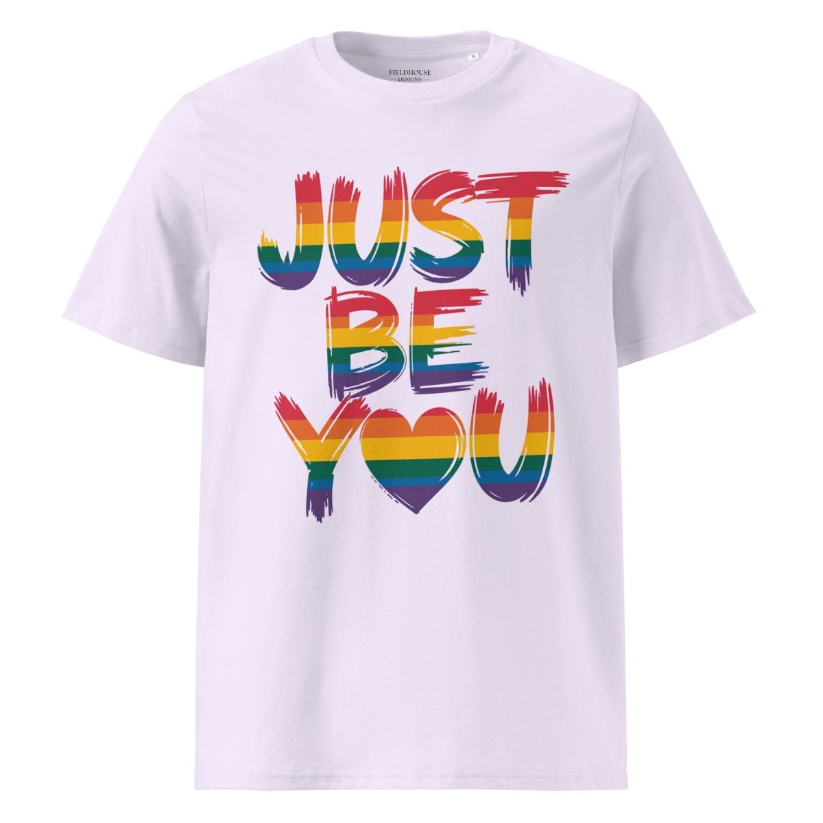 lavender t-shirt with rainbow-colored 'JUST BE YOU' text on a white background