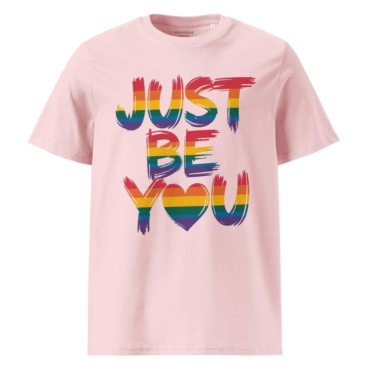 Pink t-shirt with 'Just Be You' text in rainbow colors on a white background