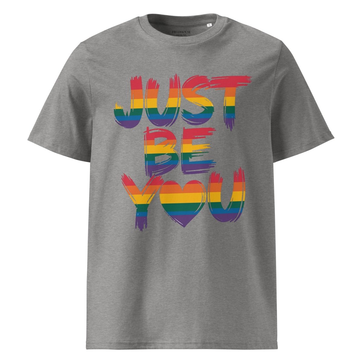 Gray t-shirt with 'Just Be You' in rainbow letters on a white background