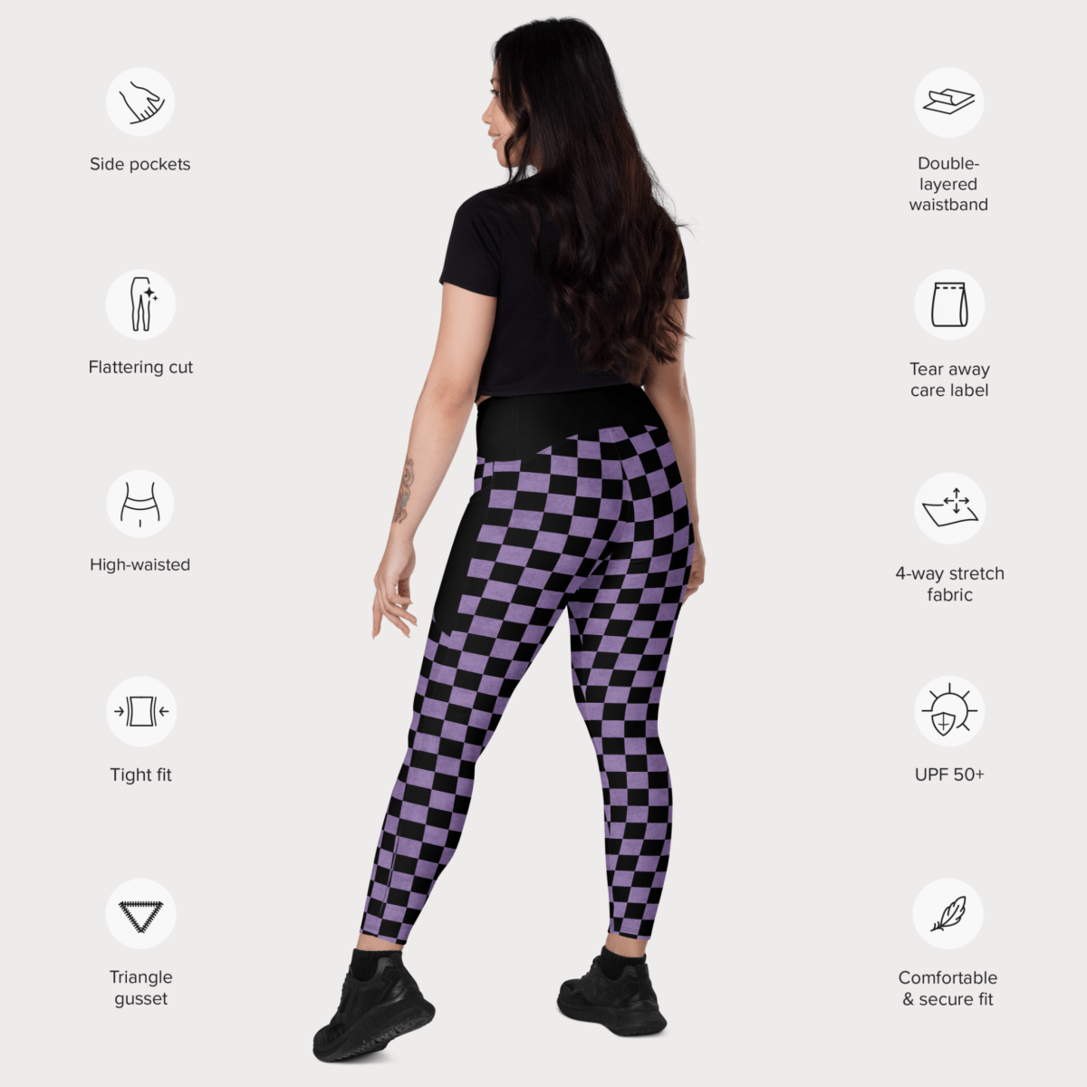 Woman wearing checkered leggings with feature icons on a white background