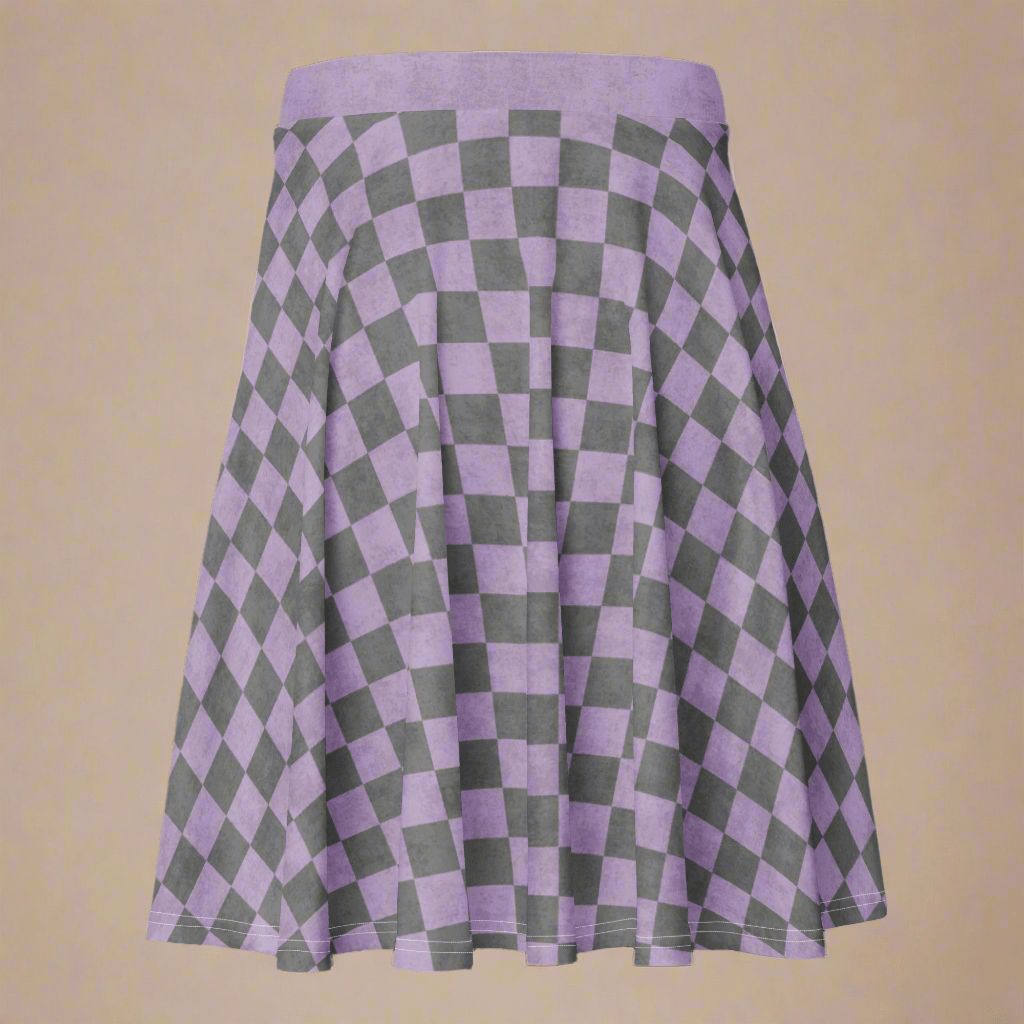 Purple and gray checkered skirt on a beige background
