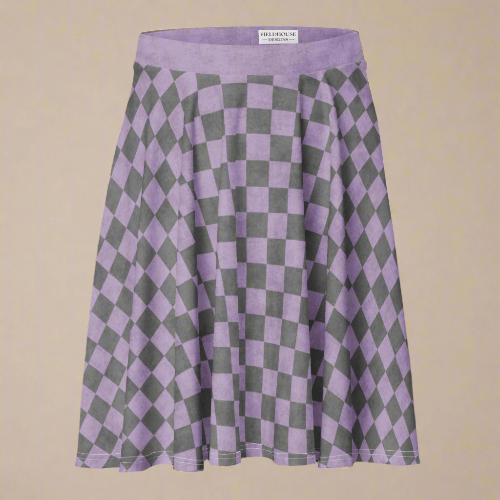 Purple and gray checkered skirt on a beige background