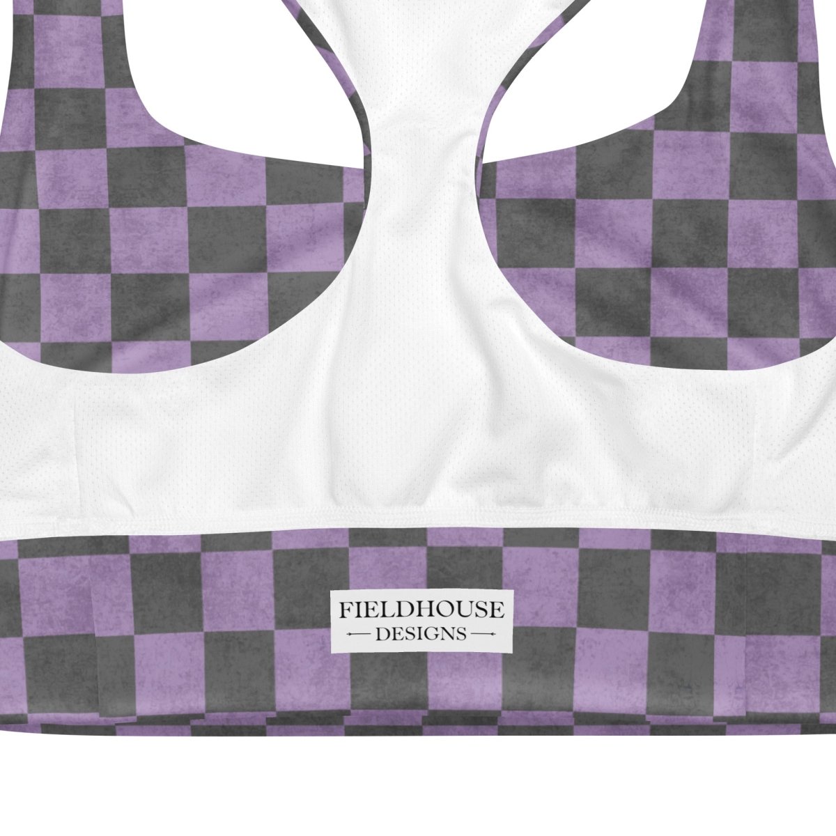 sports bra with purple and gray checkered pattern and 'Fieldhouse Designs' label.