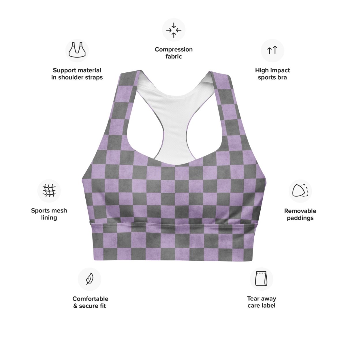 Checkered sports bra with features listed on a white background