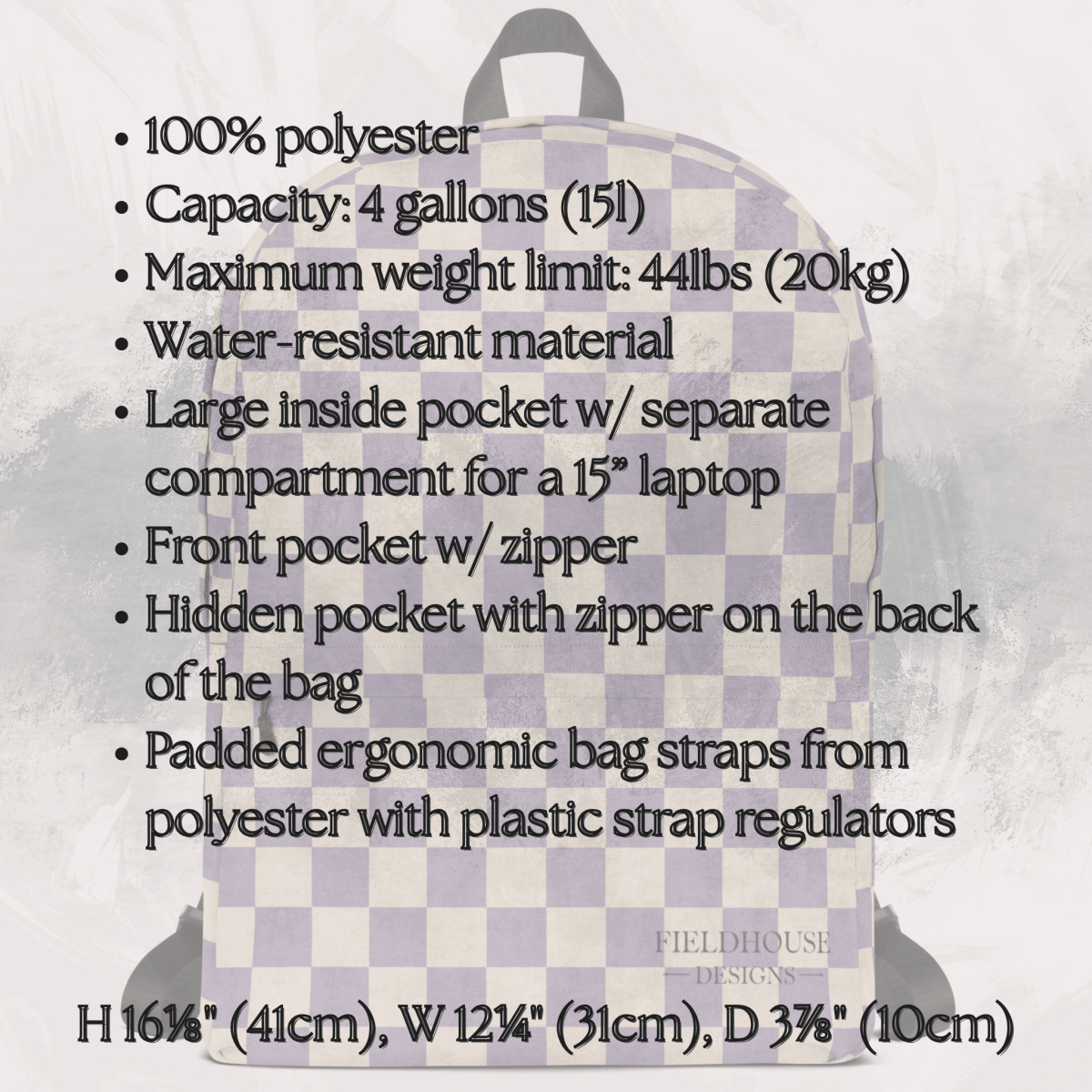 Checkered backpack with specifications listed on a textured gray background