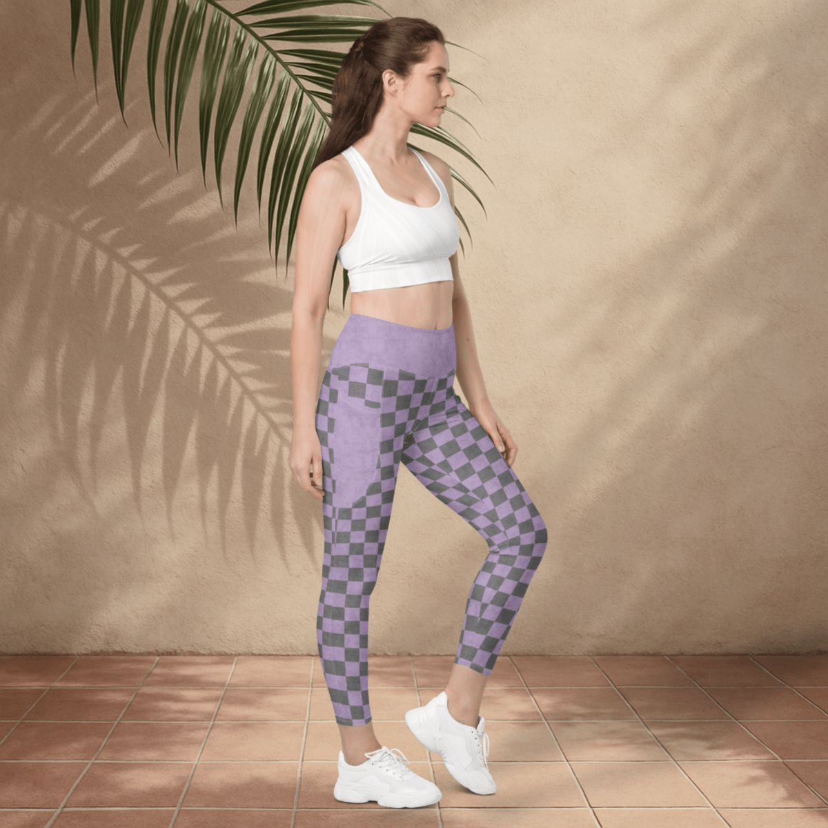 Lavender & Gray Checkered Leggings – Soft Pastel Grid