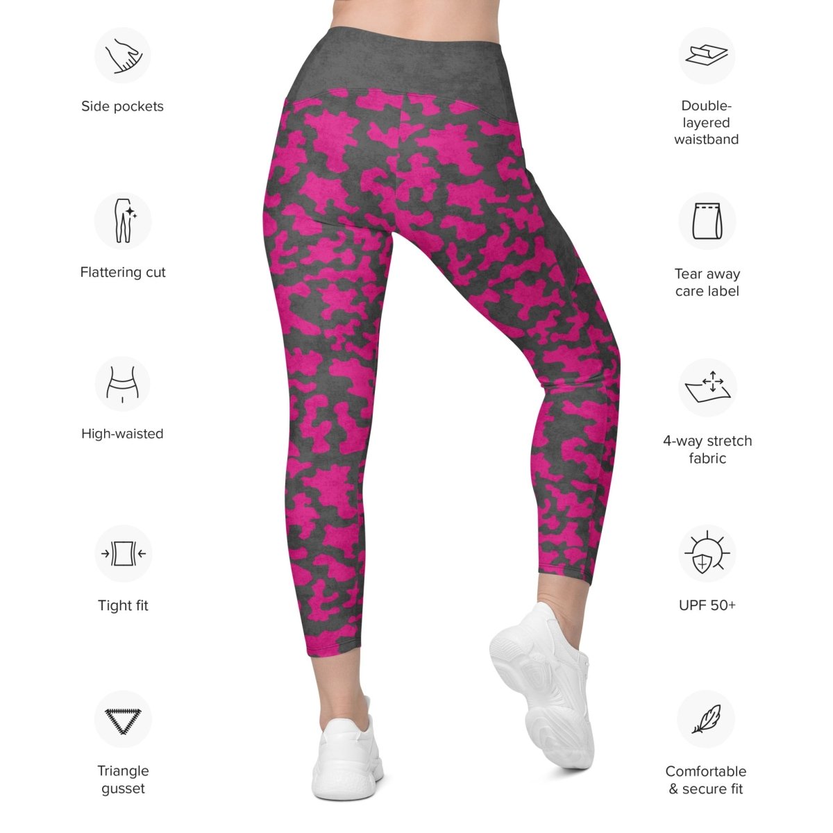 Pink and gray camouflage leggings with feature icons on a white background