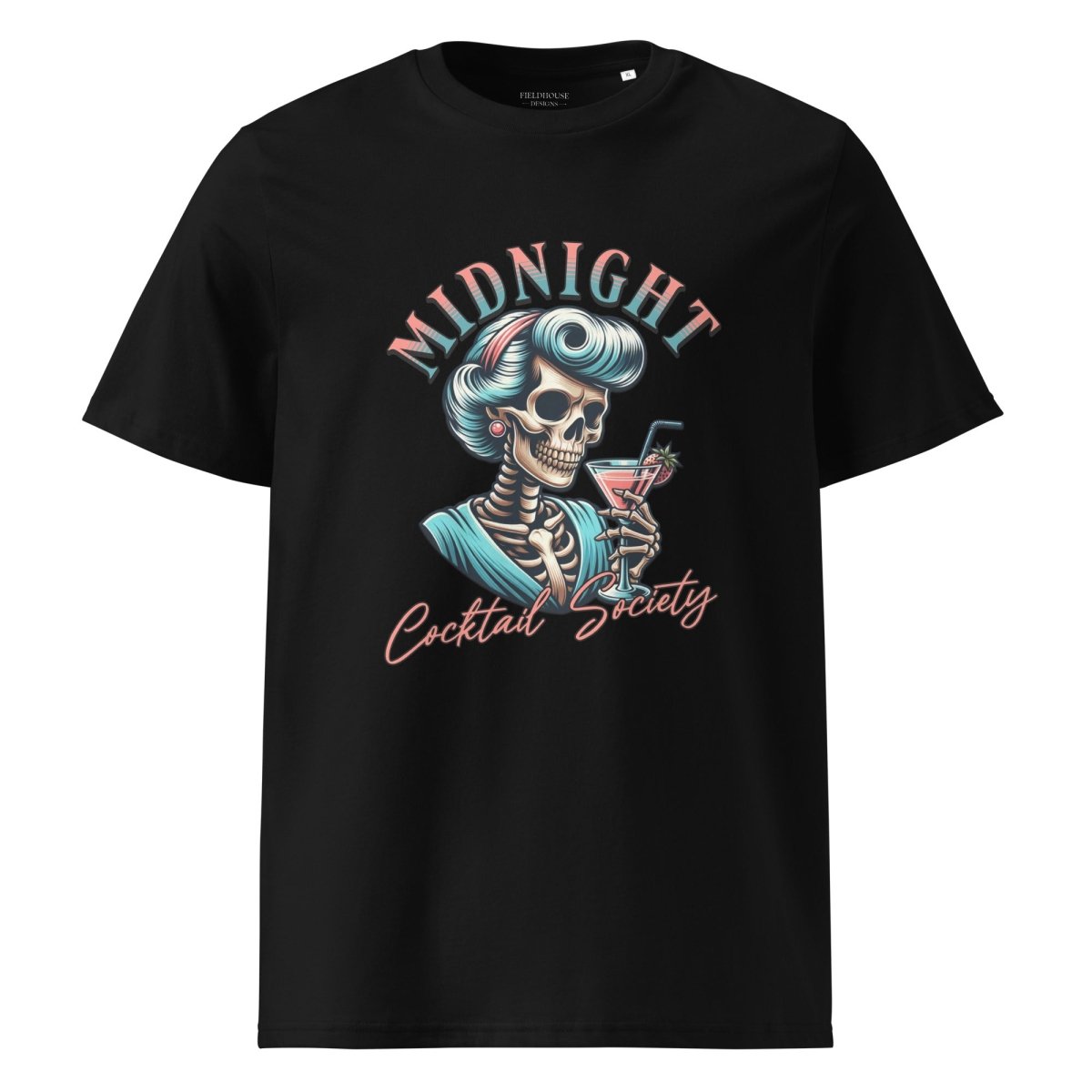 Black t-shirt with a skeleton design and 'Midnight Cocktail Society' text on a white background