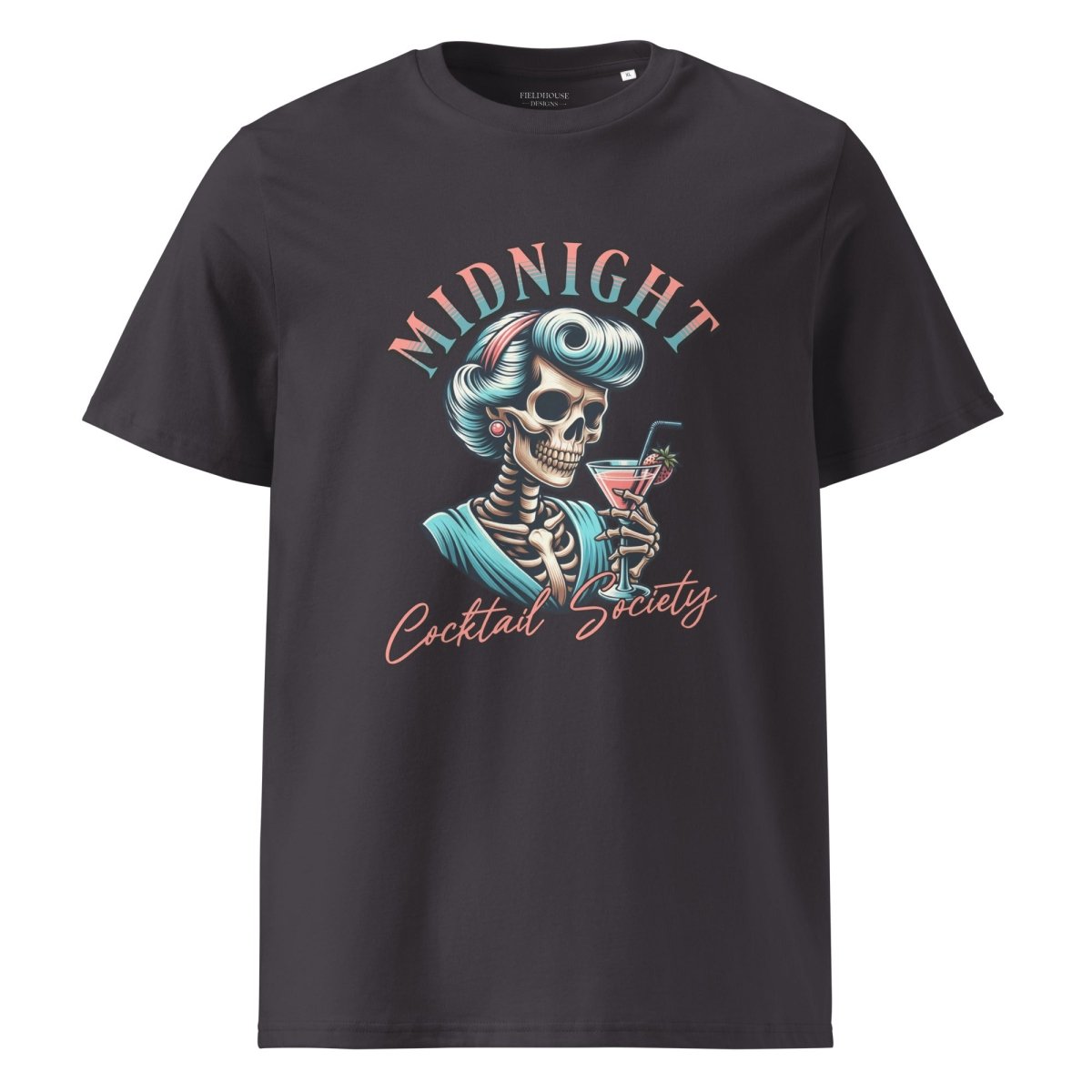 Black t-shirt with a skeleton design and 'Midnight Cocktail Society' text on a white background