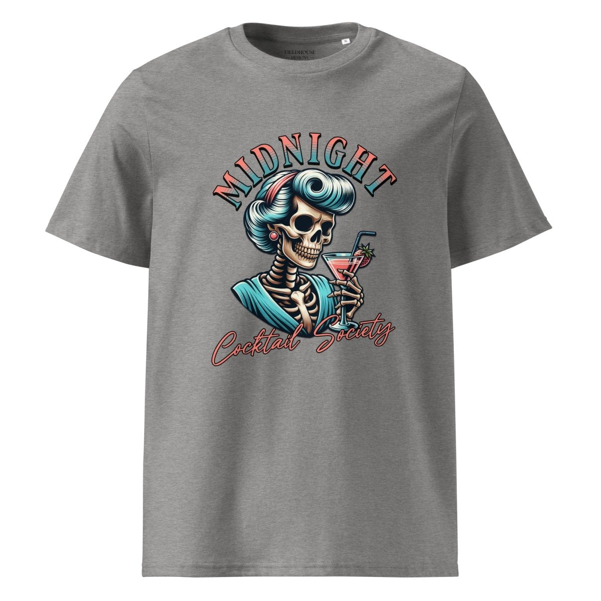 Gray t-shirt with a skeleton design and 'Midnight Cocktail Society' text on a white background