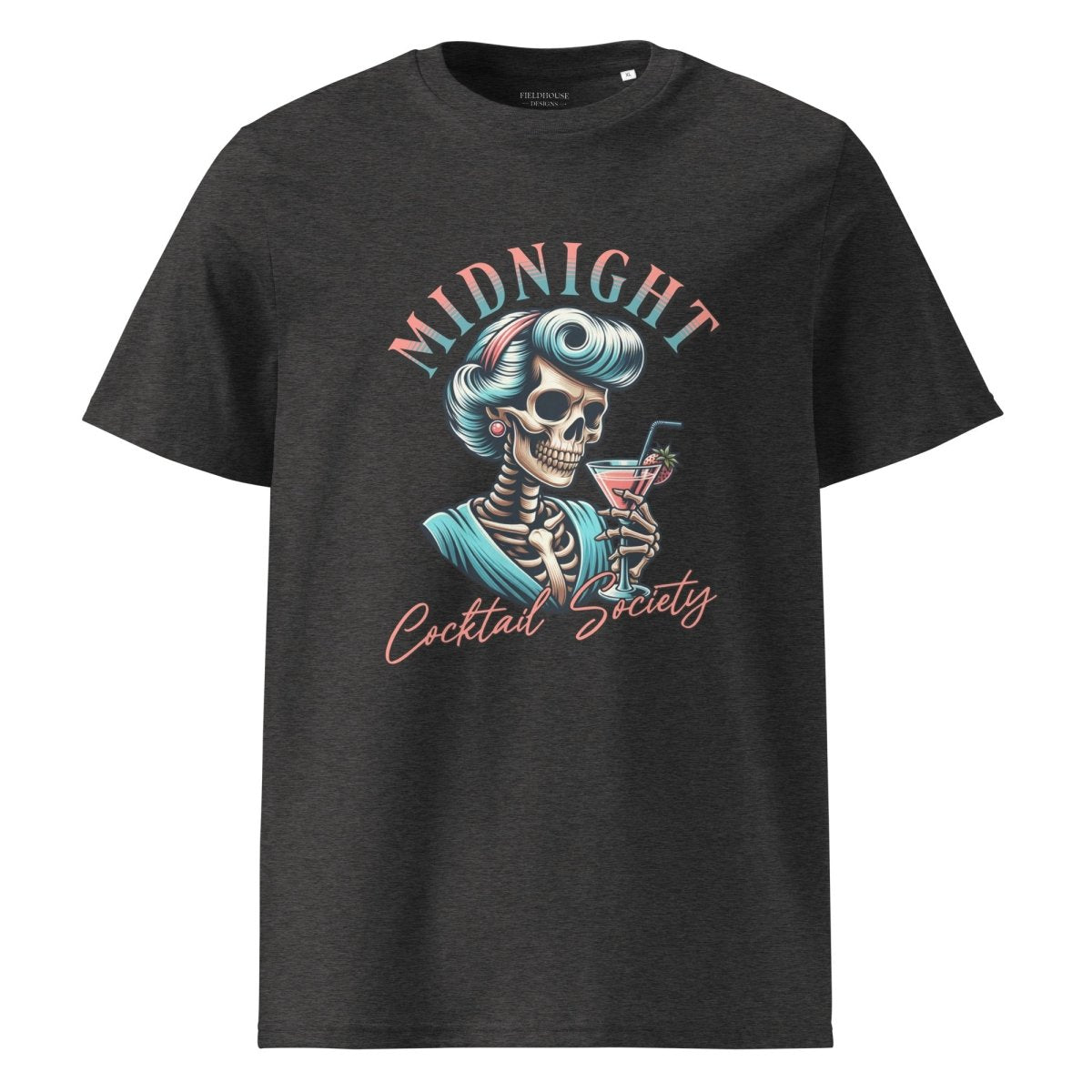 Black t-shirt with a skeleton design and 'Midnight Cocktail Society' text on a white background