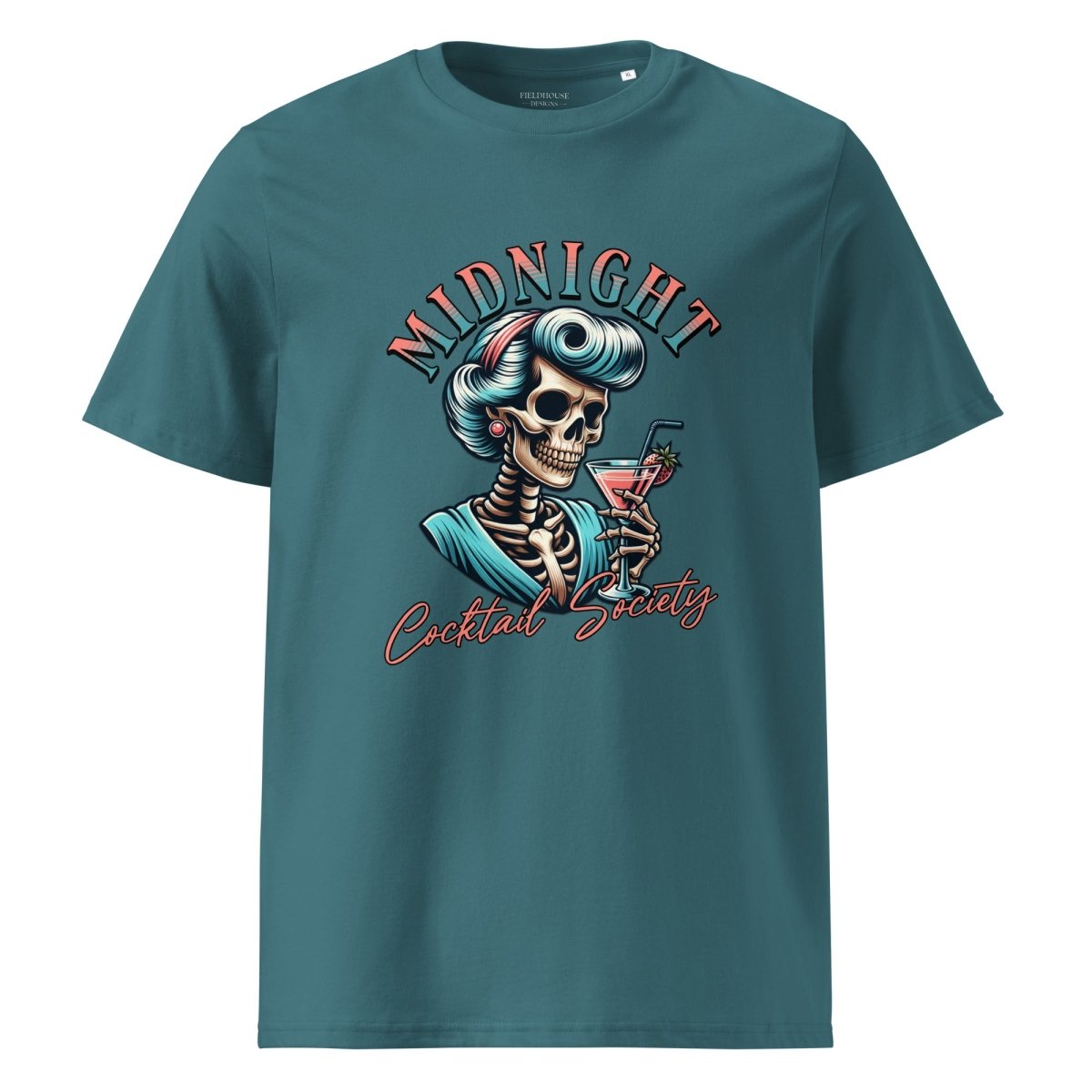 Teal t-shirt with skeleton design and 'Midnight Cocktail Society' text on a white background