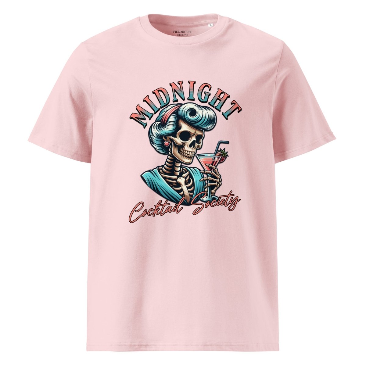 Pink t-shirt with a skeleton design and 'Midnight Cocktail Society' text on a white background