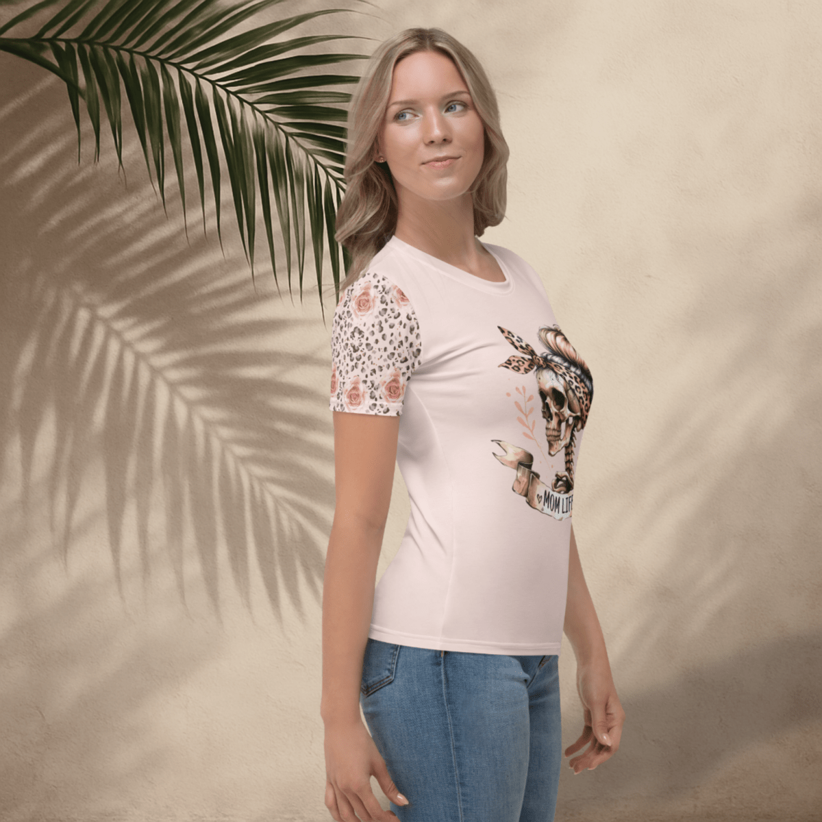 Mom Life Skull Tee | Blush Pink Graphic Shirt with Leopard & Rose Sleeves