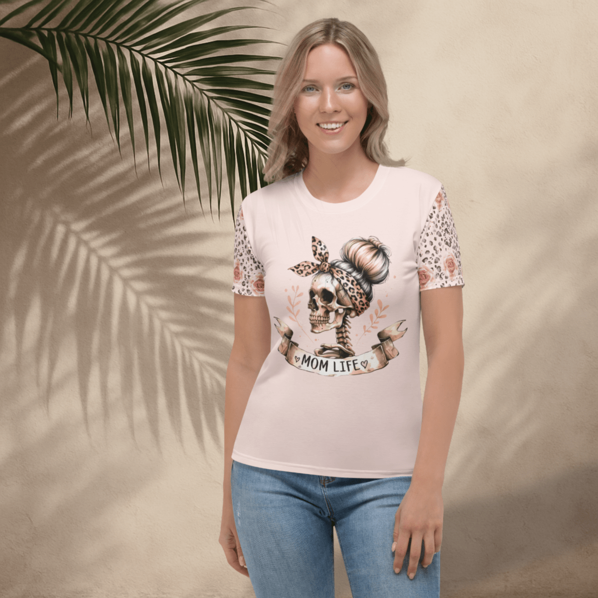 Mom Life Skull Tee | Blush Pink Graphic Shirt with Leopard & Rose Sleeves