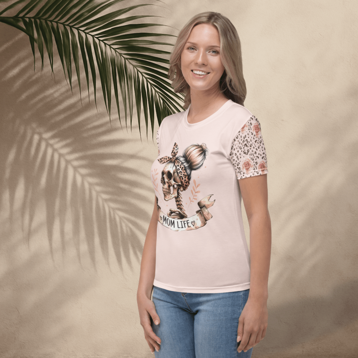 Mom Life Skull Tee | Blush Pink Graphic Shirt with Leopard & Rose Sleeves