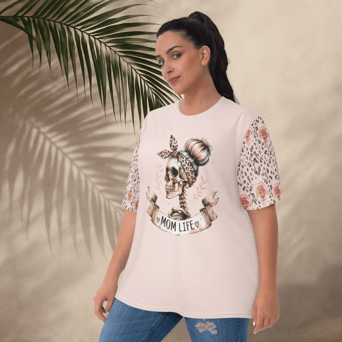 Mom Life Skull Tee | Blush Pink Graphic Shirt with Leopard & Rose Sleeves
