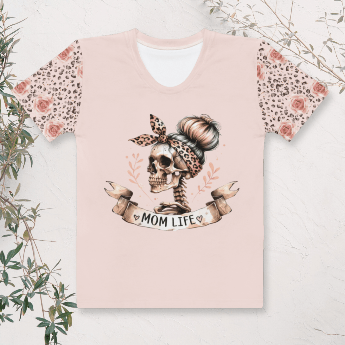 Mom Life Skull Tee | Blush Pink Graphic Shirt with Leopard & Rose Sleeves