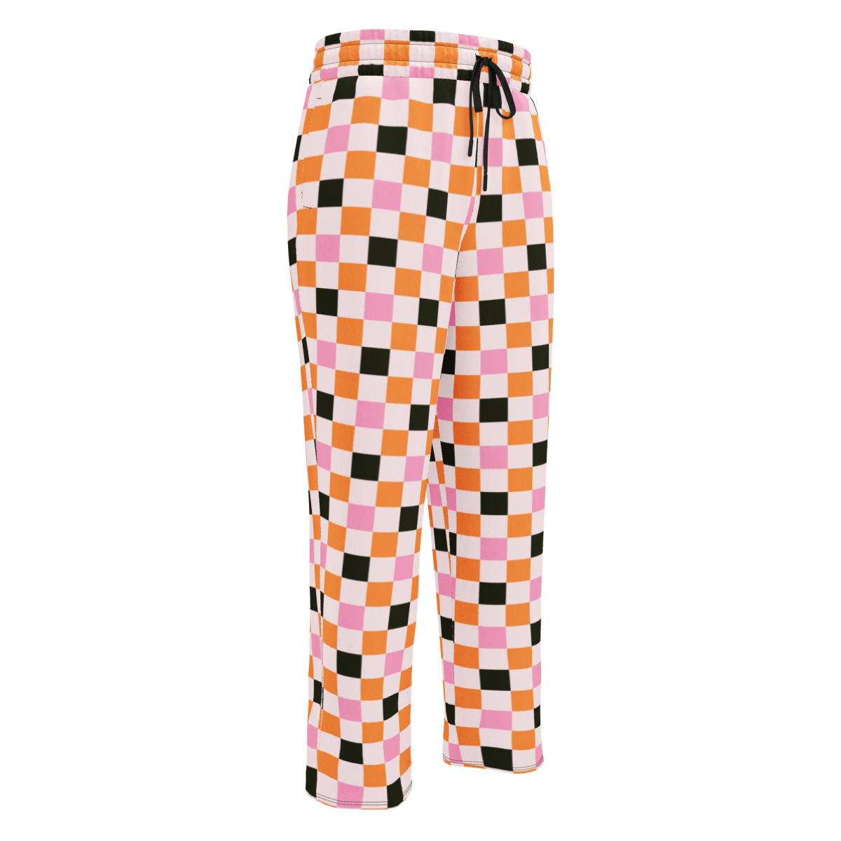 Checkered pants with pink, orange, and black pattern