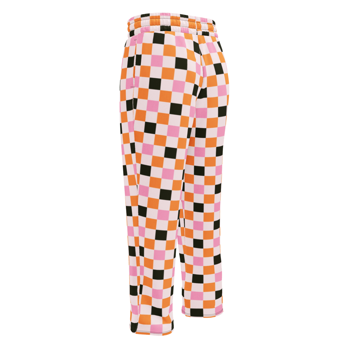 Checkered pants with orange, pink, and black pattern