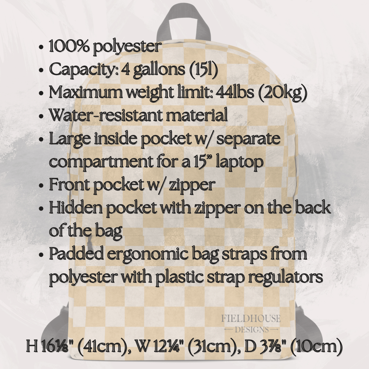 Checkered backpack with product specifications on a textured gray background