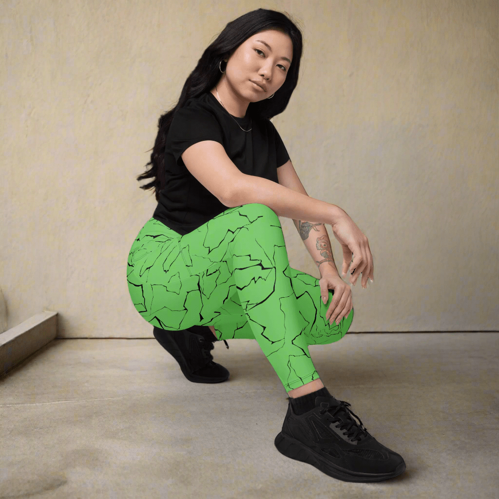 Neon Green Crackle Pocket Leggings – Fracture Print