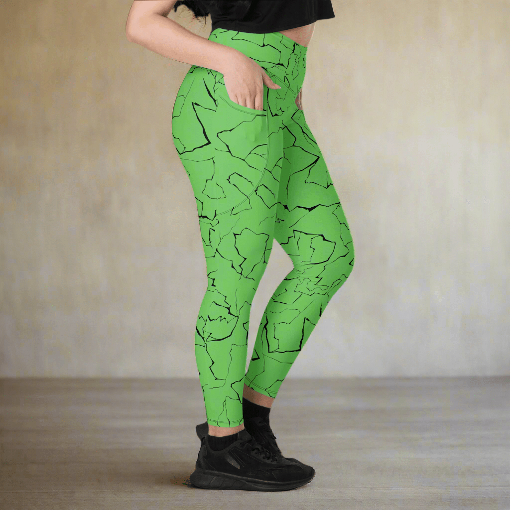 Neon Green Crackle Pocket Leggings – Fracture Print