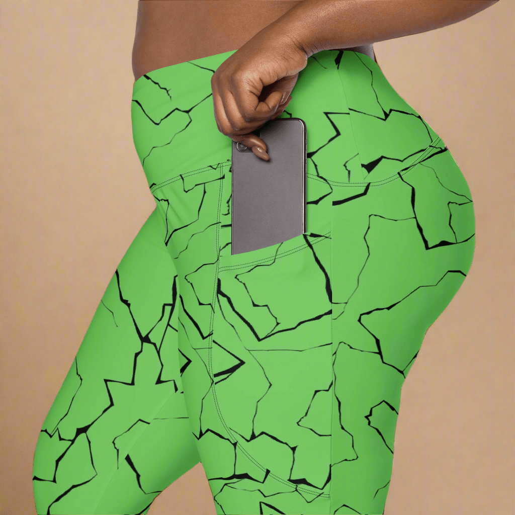 Neon Green Crackle Pocket Leggings – Fracture Print