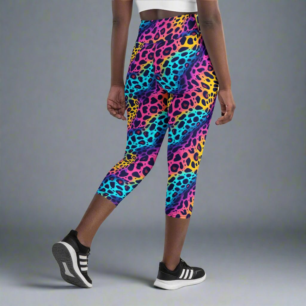 Neon Jungle Yoga Capri Leggings – Wild Rainbow Leopard Print - Capri Leggings