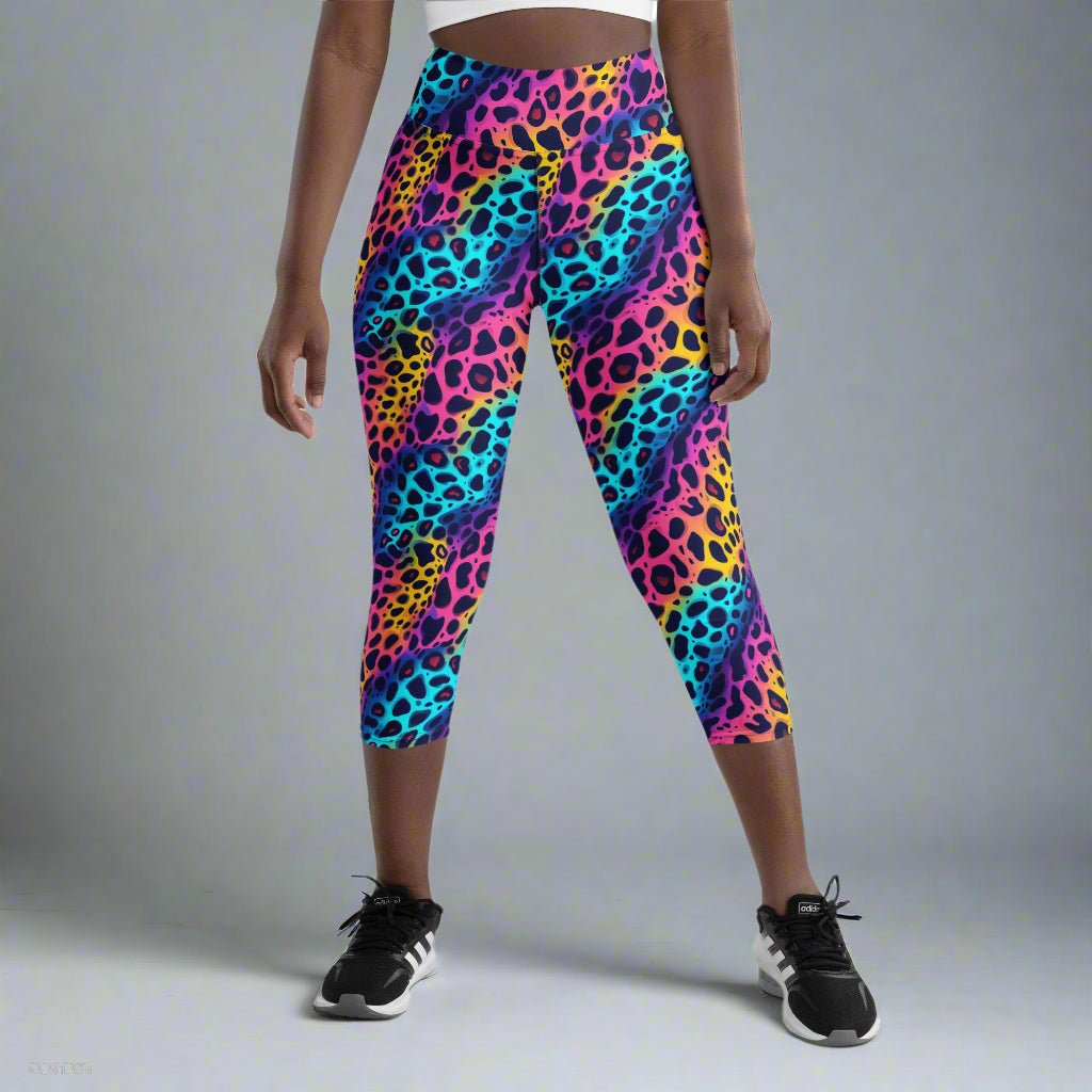 Neon Jungle Yoga Capri Leggings – Wild Rainbow Leopard Print - Capri Leggings