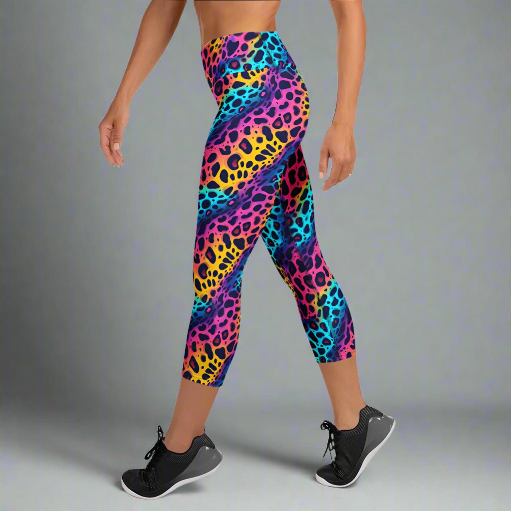 Neon Jungle Yoga Capri Leggings – Wild Rainbow Leopard Print - Capri Leggings