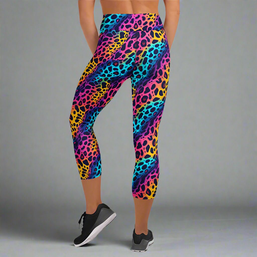 Neon Jungle Yoga Capri Leggings – Wild Rainbow Leopard Print - Capri Leggings