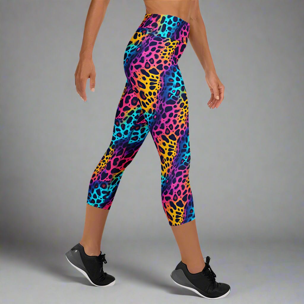 Neon Jungle Yoga Capri Leggings – Wild Rainbow Leopard Print - Capri Leggings