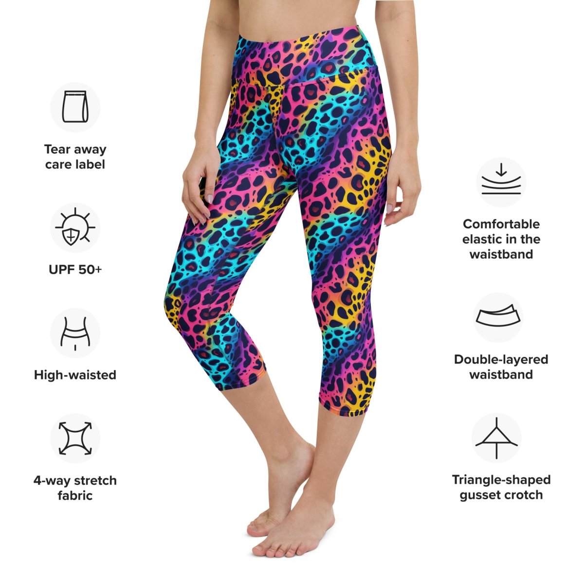 Neon Jungle Yoga Capri Leggings – Wild Rainbow Leopard Print - Capri Leggings