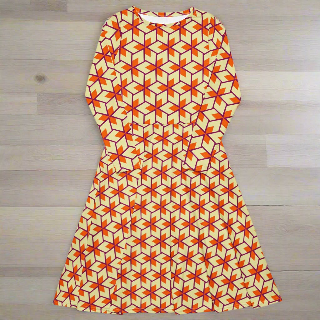 Geometric patterned dress on a wood background