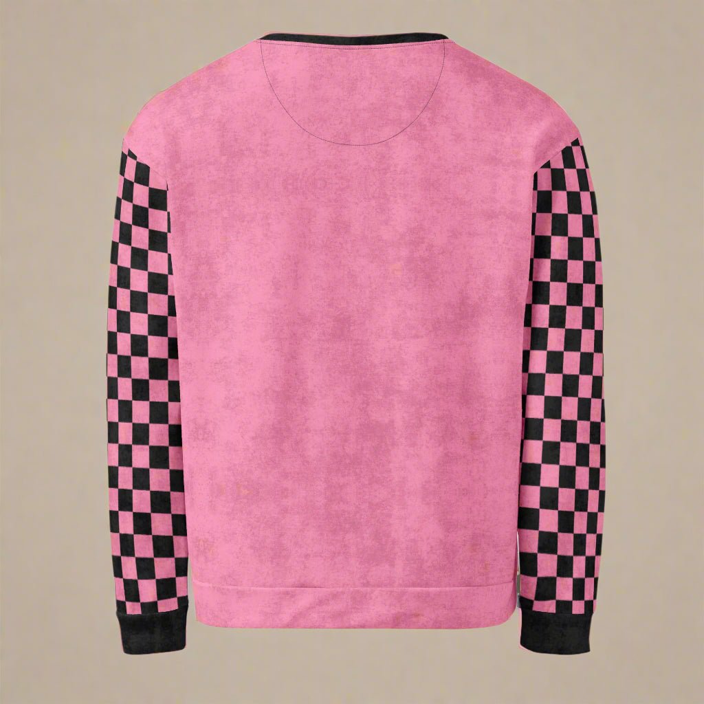 Pink sweatshirt with black checkered sleeves on a beige background