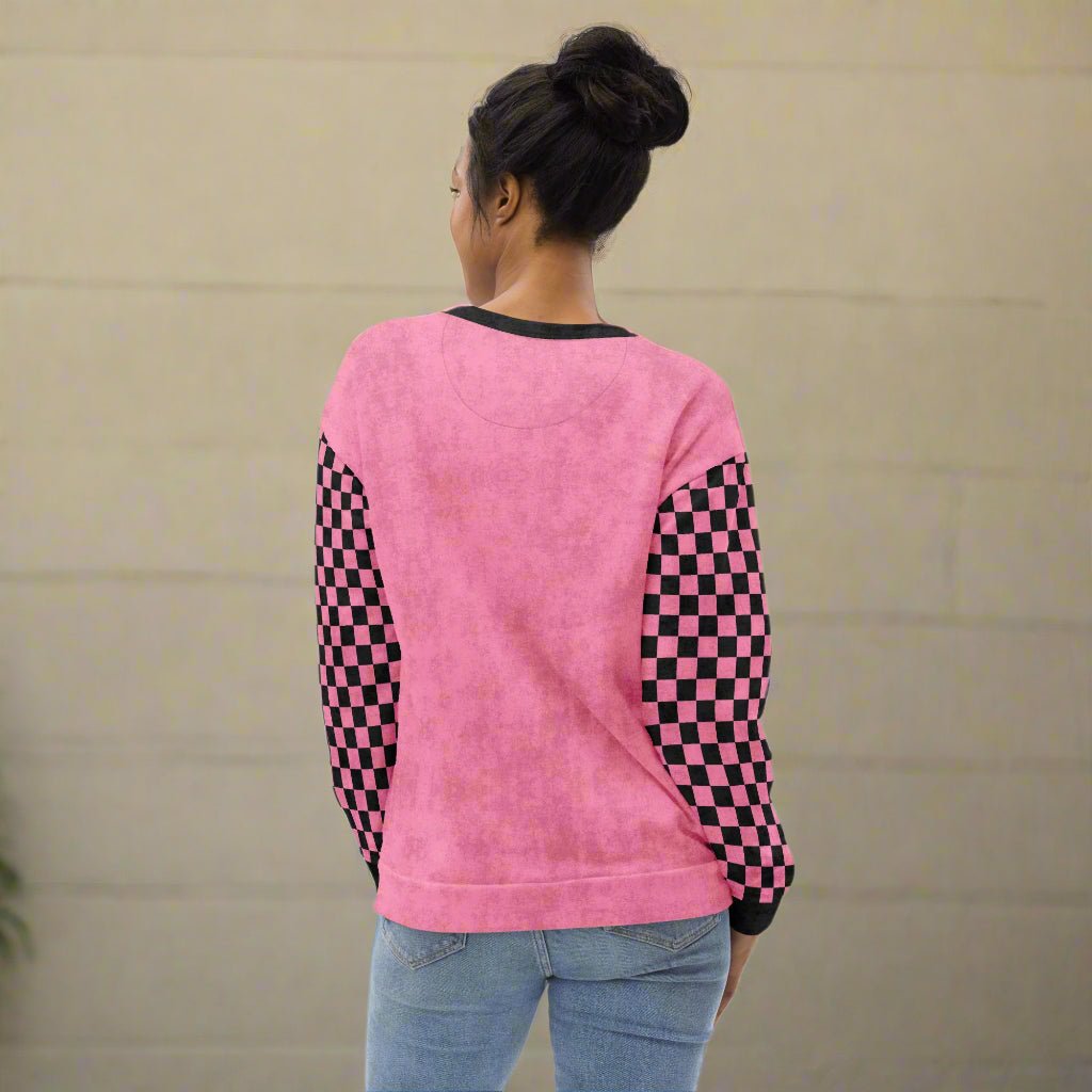 Pastel Goth Crewneck Sweatshirt Pink Checkered Sleeves 2XS–6XL
