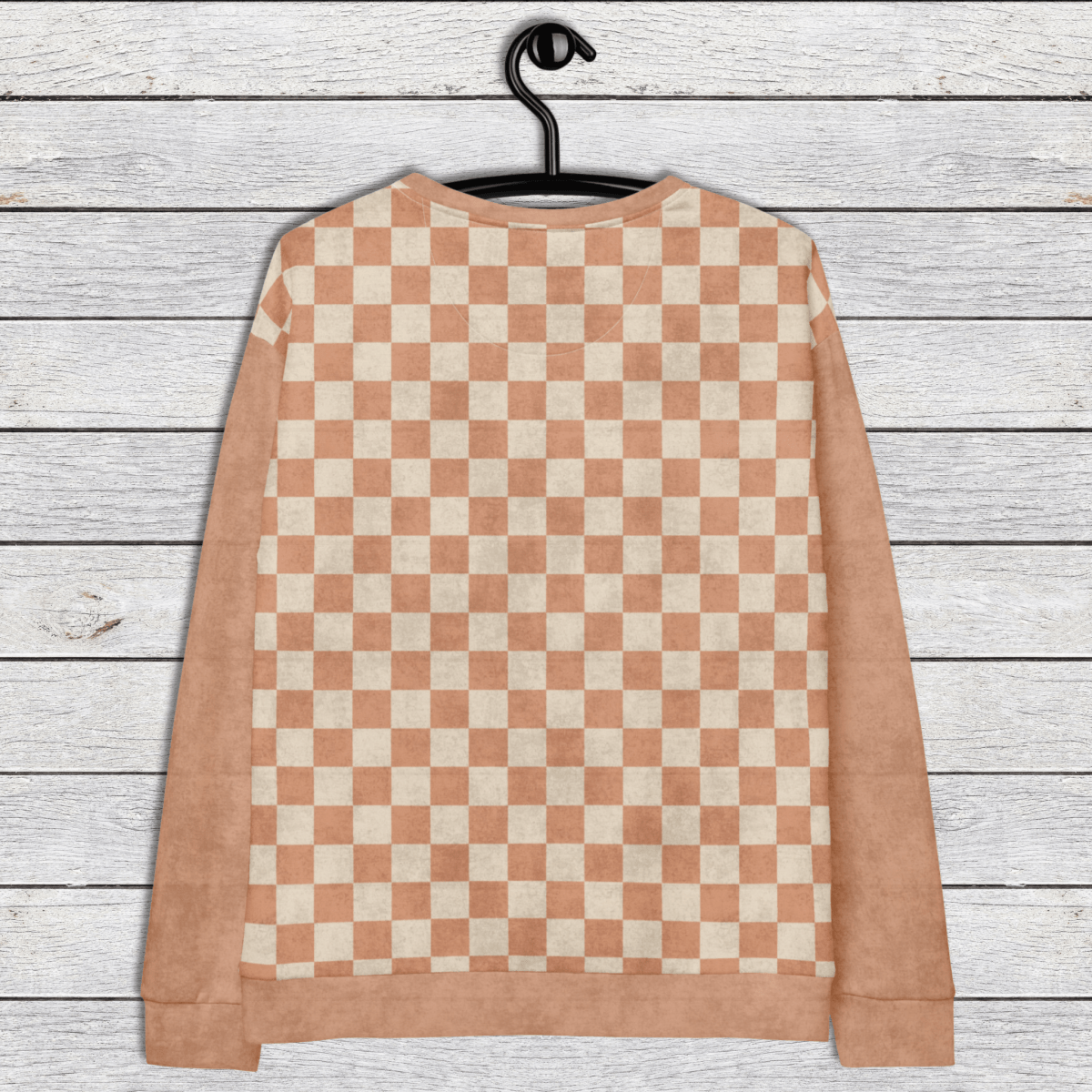Peach and Cream Checkered Crewneck Sweatshirt for Men & Women – Retro Streetwear Pullover with All - Over Checkered Front Panel