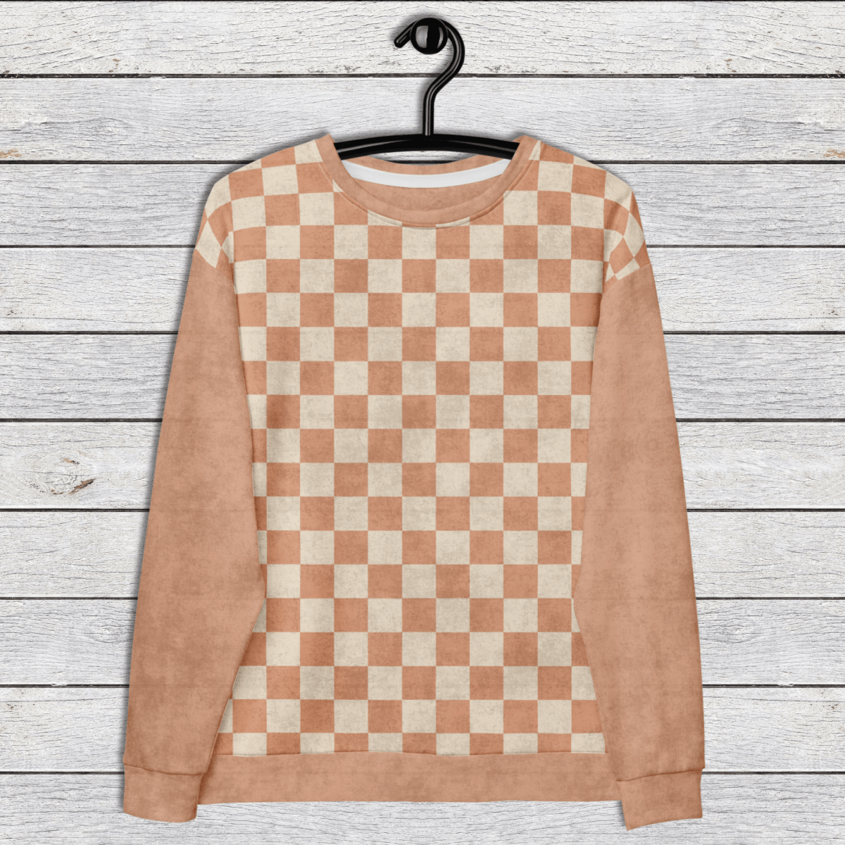 Peach and Cream Checkered Crewneck Sweatshirt for Men & Women – Retro Streetwear Pullover with All - Over Checkered Front Panel