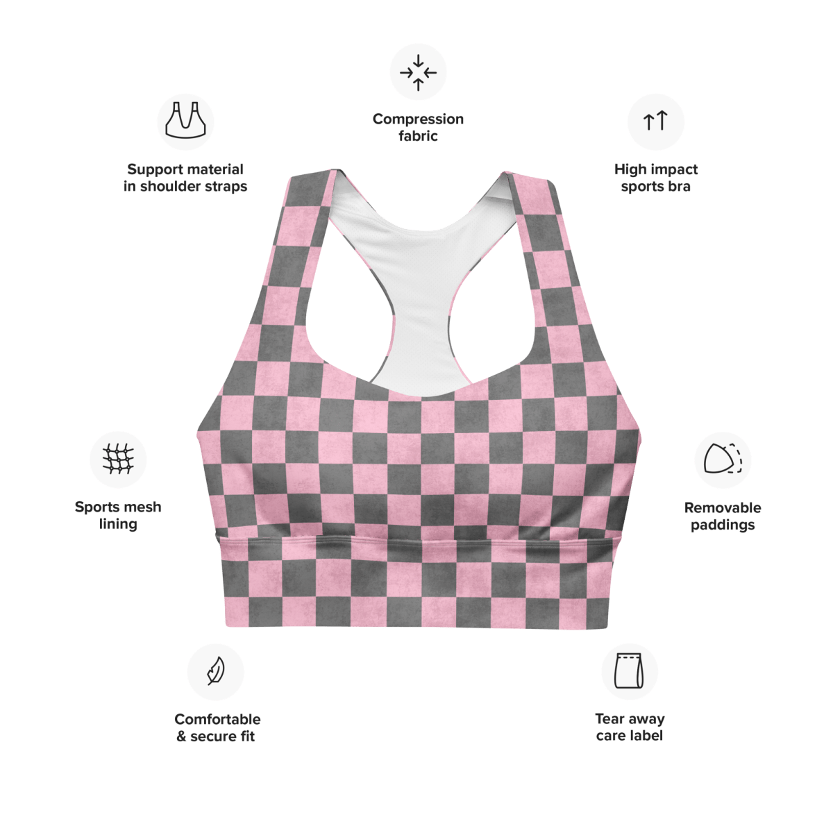 Pink and gray checkered sports bra with features listed on a white background