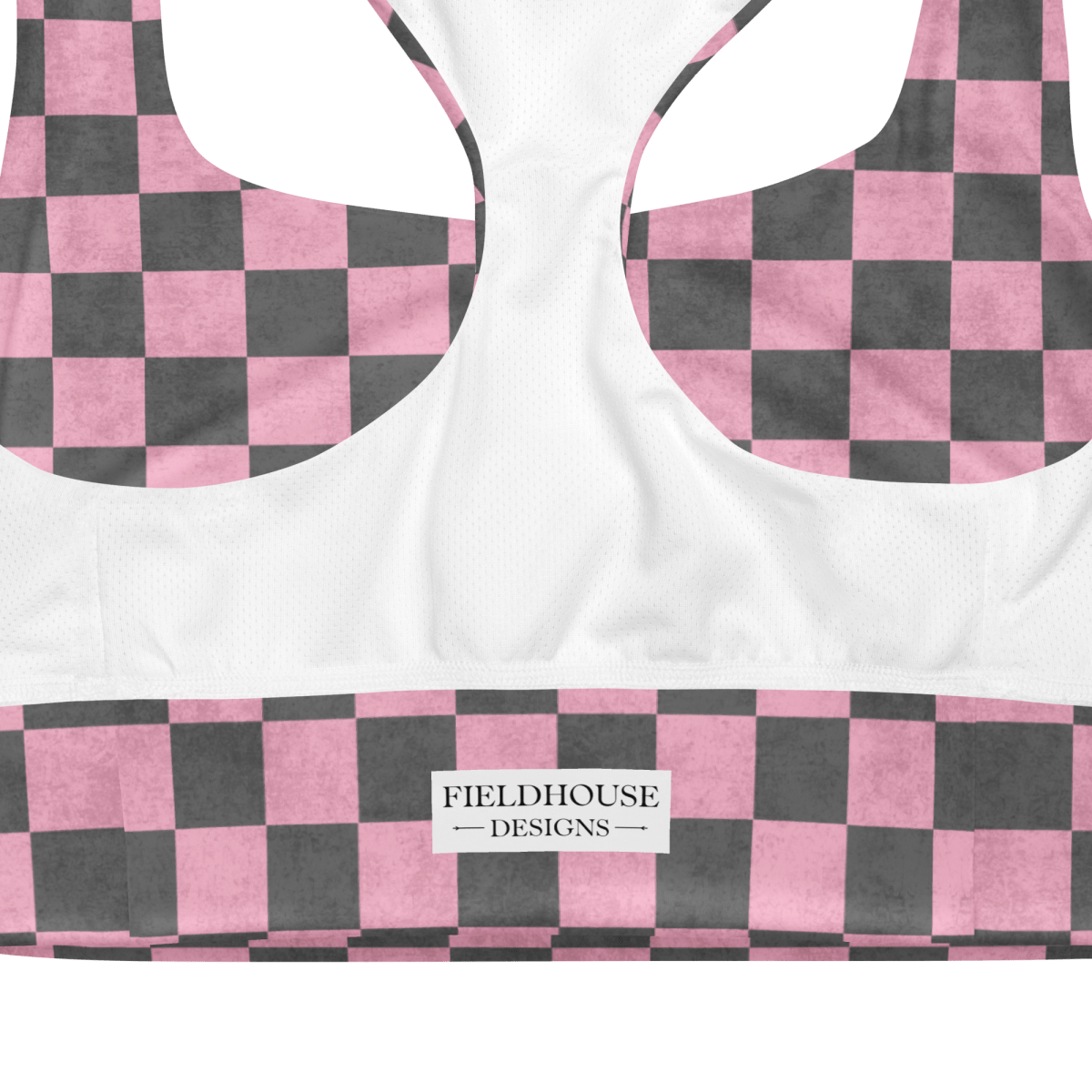 pink and gray checkered bra and 'Fieldhouse Designs' label.